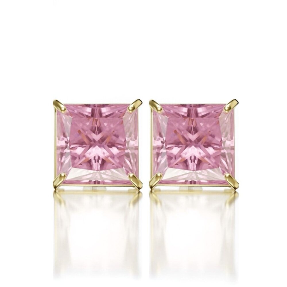 Yellow Gold 925 Sterling Silver Women's Princess Cut Pink Cz Small Stud Earrings